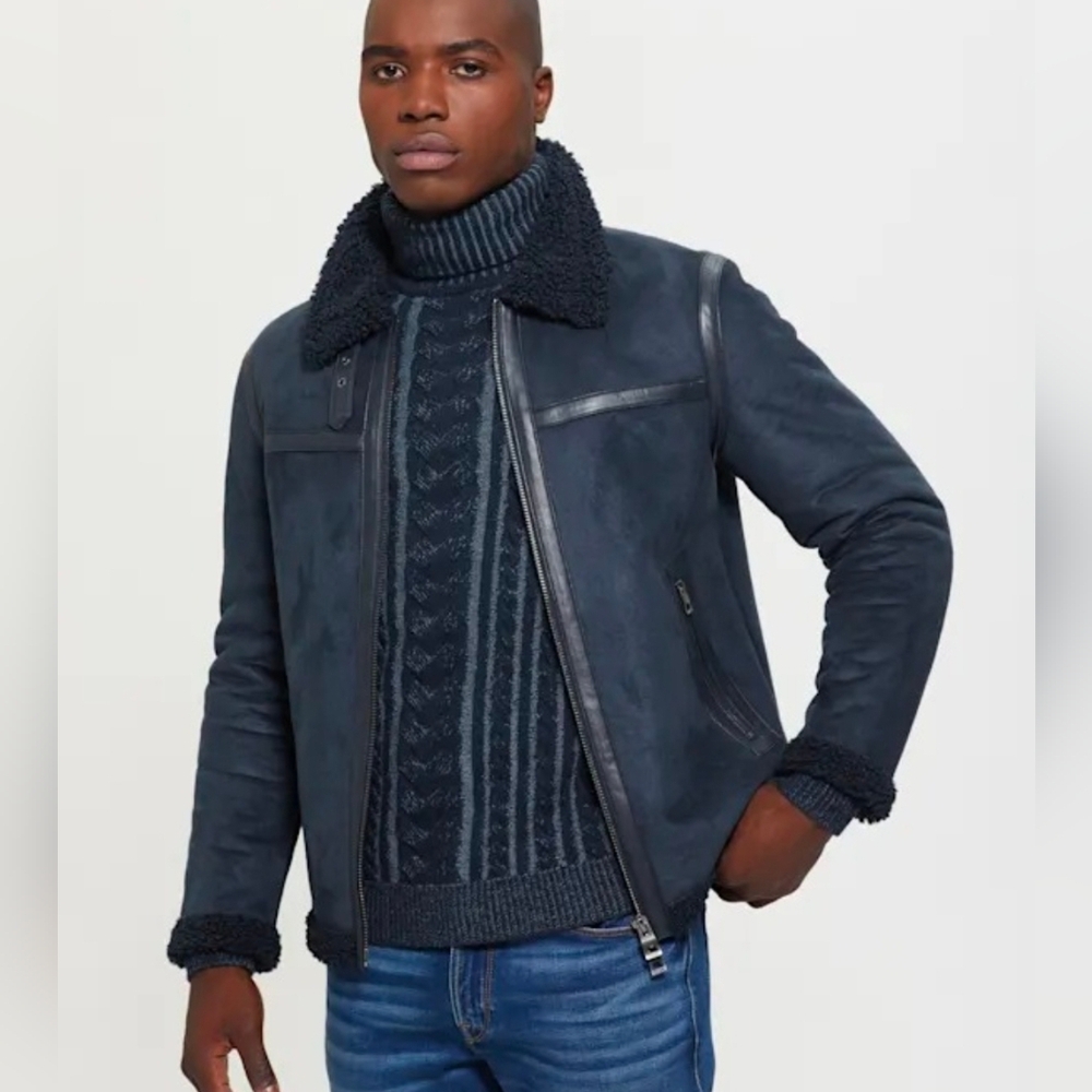 Men's ECO Faux-Shearling Suede Sherpa Jacket Large Blue